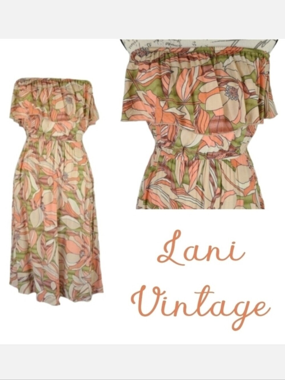 Pastel Vintage Romantic Cottagecore Strapless Dress Peach Tan Olive Floral XS